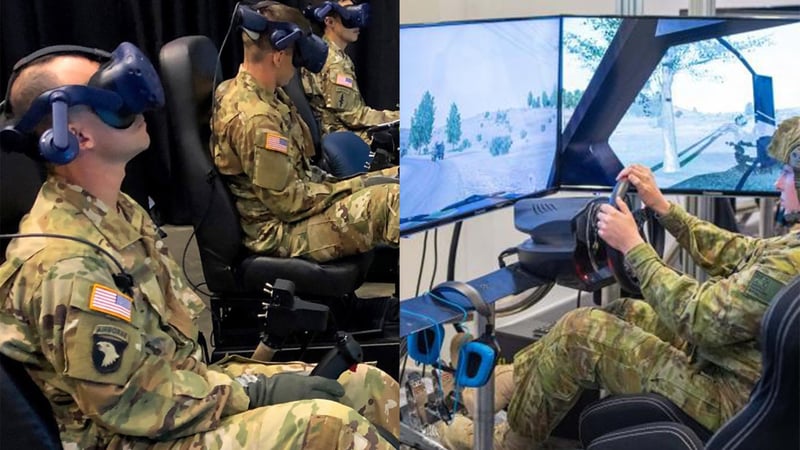 Des hommes sur une simulateur militaire