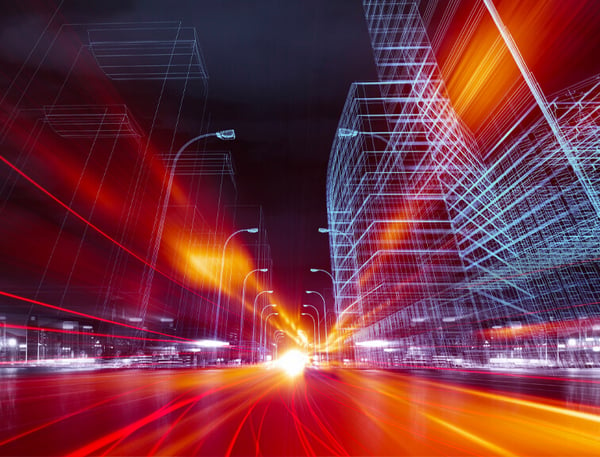Une voiture rapide se déplaçant dans une ville virtuelle