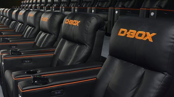 Closeup of D-BOX haptic seats in a movie theater
