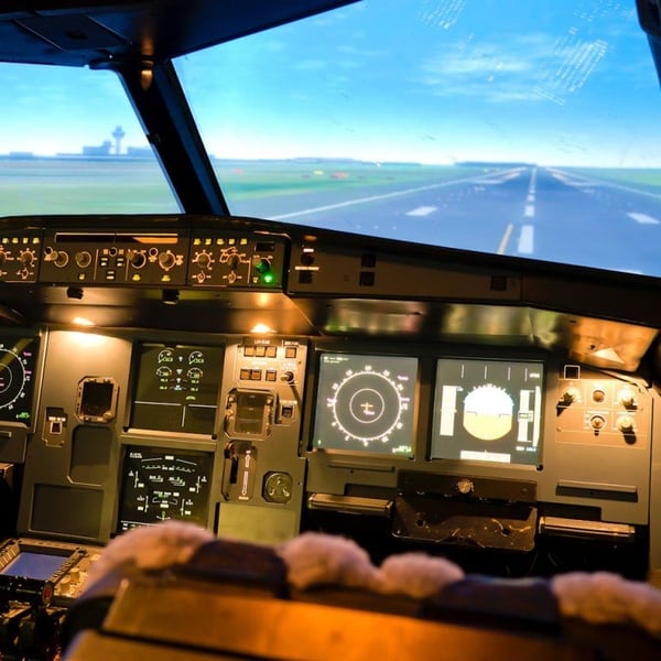 Flight simulator cockpit with tarmac view