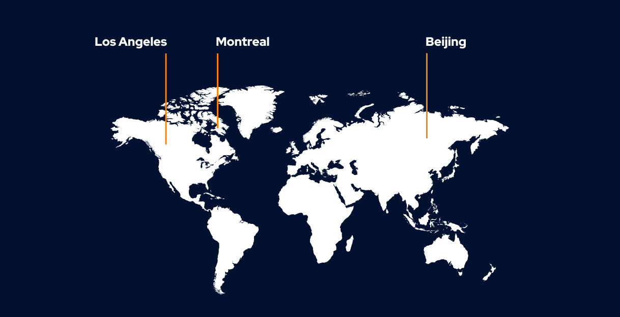 Carte du monde indiquant les bureaux de D-BOX