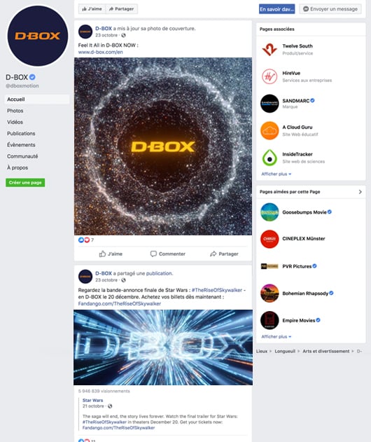 Ein Facebook-Foto der Marke D-BOX wird auf einem Desktop angezeigt