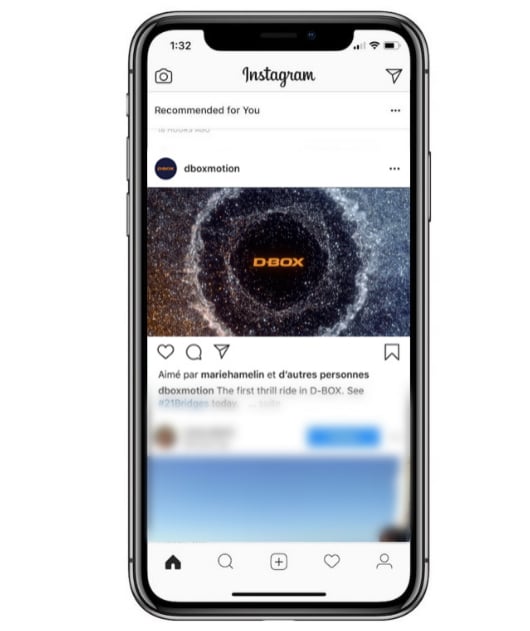 Ein Instagram-Video der Marke D-BOX wird auf einem mobilen Gerät angezeigt