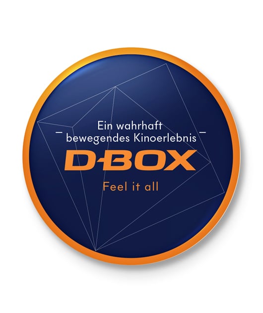 Ein D-BOX-Werbemitarbeiterabzeichen auf weißem Hintergrund