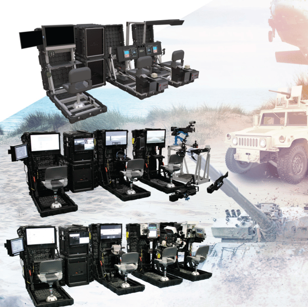 Military training simulator seats and screens for gunners