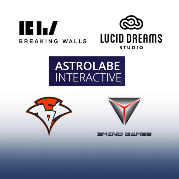 Logos of Breaking Wall, Lucid Dreams Studio, Astrolabe Interactive, 3Mind Games and Beyond Fun Studio